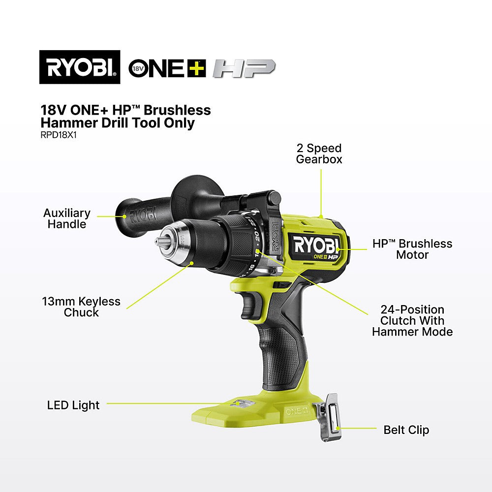 Ryobi 18V ONE+ HP Brushless High Torque Hammer Drill RPD18X1 - Tool Only - image 2