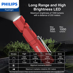 Philips LED Light Compact Flashlight Powerful Flashlight 1000 Lumens SFL5806R Red