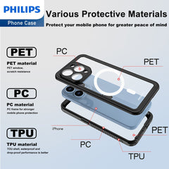 Philips iPhone 15 Pro Full Protection Waterproof Case with MagSafe Heavy Duty Protective Phone Case Dustproof Shockproof Snow Proof Black DLK6209B