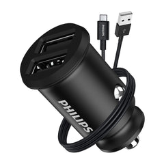 Philips Dual USB-A Port Car Charger with USB-C Cable (DLP2510T)