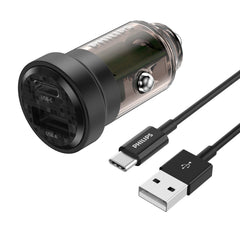 Philips Ultra Fast Car Charger with USB-A to USB-C Cable (DLP2522A)