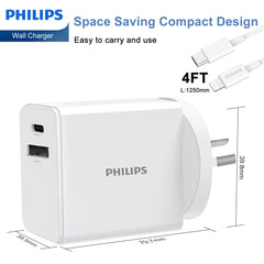 Philips 30W Power Adapter Wall Charger with 1.25m USB-C to L Cable DLP4343L