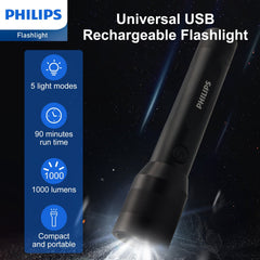 Philips Rechargeable LED Flashlights High Lumens, Adjustable Focus, 1000 Lumens Bright Powerful Handheld Flash Light, 5 Modes Flash Lights for Camping, Emergency, Hiking, Black SFL3601R