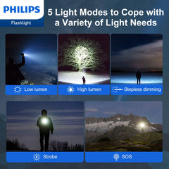 Philips Rechargeable LED Flashlights High Lumens, Adjustable Focus, 1000 Lumens Bright Powerful Handheld Flash Light, 5 Modes Flash Lights for Camping, Emergency, Hiking, Black SFL3601R