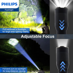 Philips Rechargeable LED Flashlights High Lumens, Adjustable Focus, 1000 Lumens Bright Powerful Handheld Flash Light, 5 Modes Flash Lights for Camping, Emergency, Hiking, Black SFL3601R