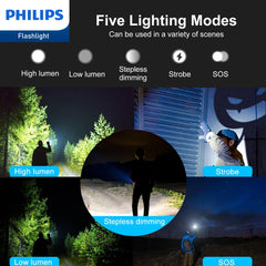 Philips Rechargeable LED Flashlights High Lumens, 1000 Lumens Bright Powerful Tactical Handheld Flash Light, 5 Modes IPX5 Waterproof Flash Lights for Camping, Emergency, Hiking, Black SFL3602R