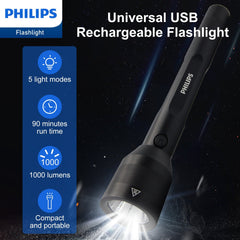 Philips Rechargeable LED Flashlights High Lumens, 1000 Lumens Bright Powerful Tactical Handheld Flash Light, 5 Modes IPX5 Waterproof Flash Lights for Camping, Emergency, Hiking, Black SFL3602R