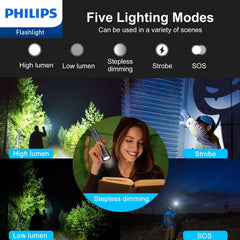 Philips Rechargeable LED Flashlights High Lumens, 1200 Lumens Bright Powerful Tactical Handheld Flash Light, 5 Modes IPX5 Waterproof Flash Lights for Camping, Emergency, Hiking, Black SFL5805R