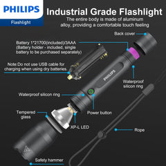 Philips Rechargeable LED Flashlights High Lumens, 1200 Lumens Bright Powerful Tactical Handheld Flash Light, 5 Modes IPX5 Waterproof Flash Lights for Camping, Emergency, Hiking, Black SFL5805R