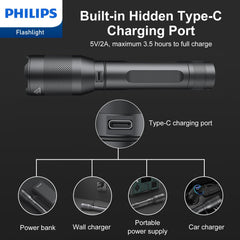 Philips Rechargeable LED Flashlights High Lumens, 1200 Lumens Bright Powerful Tactical Handheld Flash Light, 5 Modes IPX5 Waterproof Flash Lights for Camping, Emergency, Hiking, Black SFL5805R