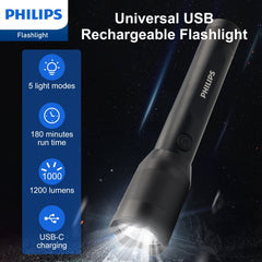 Philips Rechargeable LED Flashlights High Lumens, 1200 Lumens Bright Powerful Tactical Handheld Flash Light, 5 Modes IPX5 Waterproof Flash Lights for Camping, Emergency, Hiking, Black SFL5805R