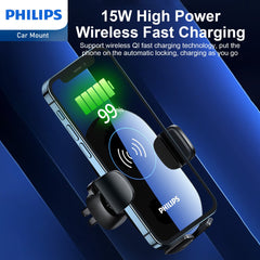 Philips Wireless Car Charger, 15W Qi Fast Charging Car Charger Phone Mount , Auto-Clamping Phone Holder with Suction Cup Holder & Air Vent Clip, fit for iPhone 14 13 12 11 Pro Max Xs, Samsung Galaxy S23 Ultra S22 DLK3525Q
