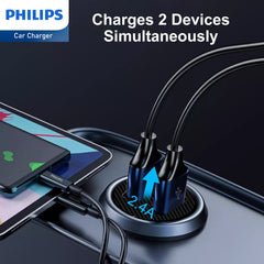 Philips Dual USB-A Port Car Charger with USB-C Cable (DLP2510T)