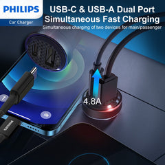 Philips Ultra Fast Car Charger with USB-A to USB-C Cable (DLP2522A)